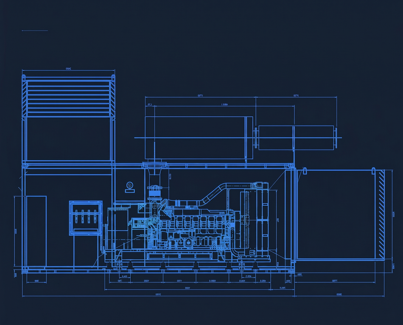 Engineering blueprint of an industrial generator set with detailed mechanical dimensions and component layout.
