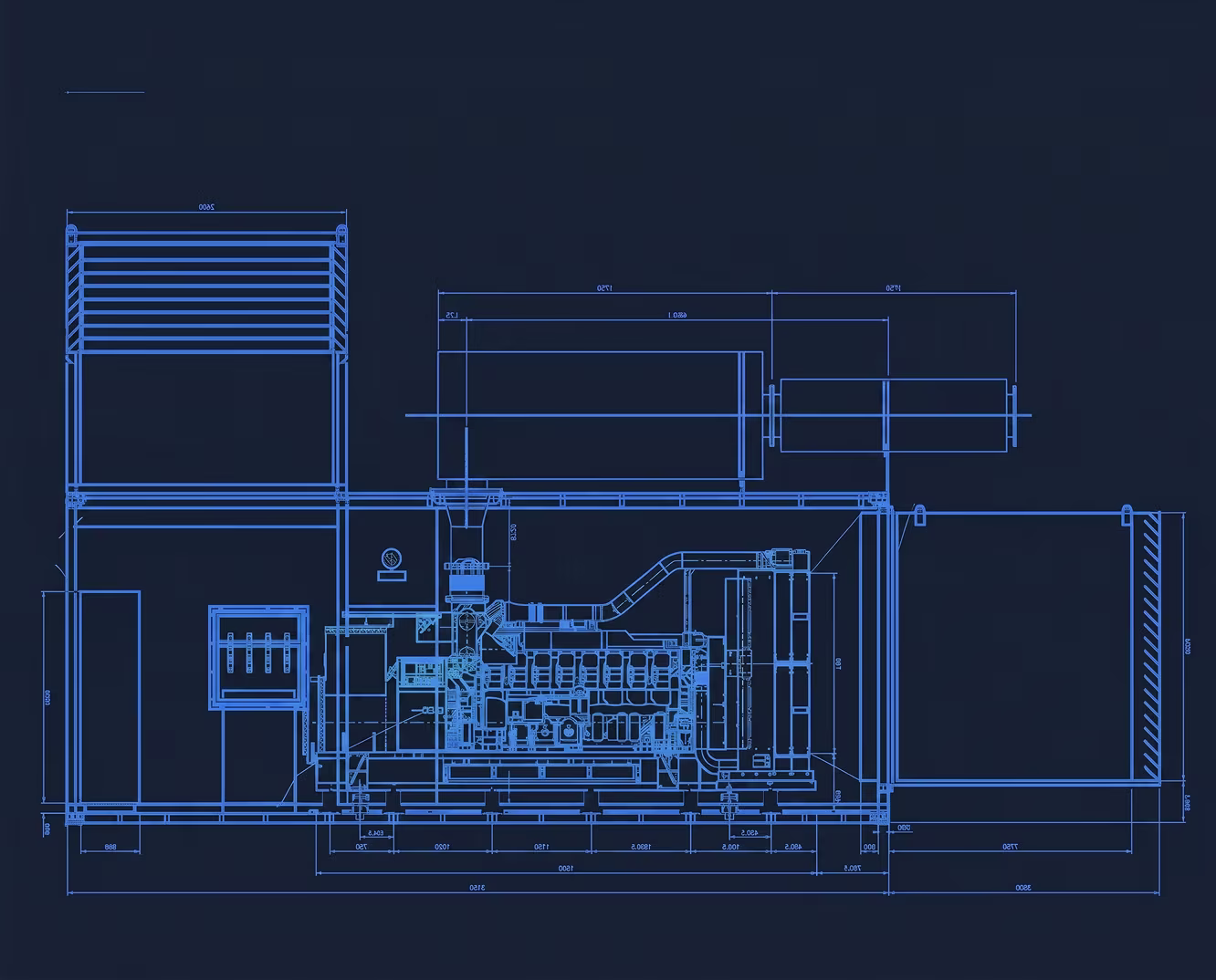 Engineering blueprint of an industrial generator set with detailed mechanical dimensions and component layout.