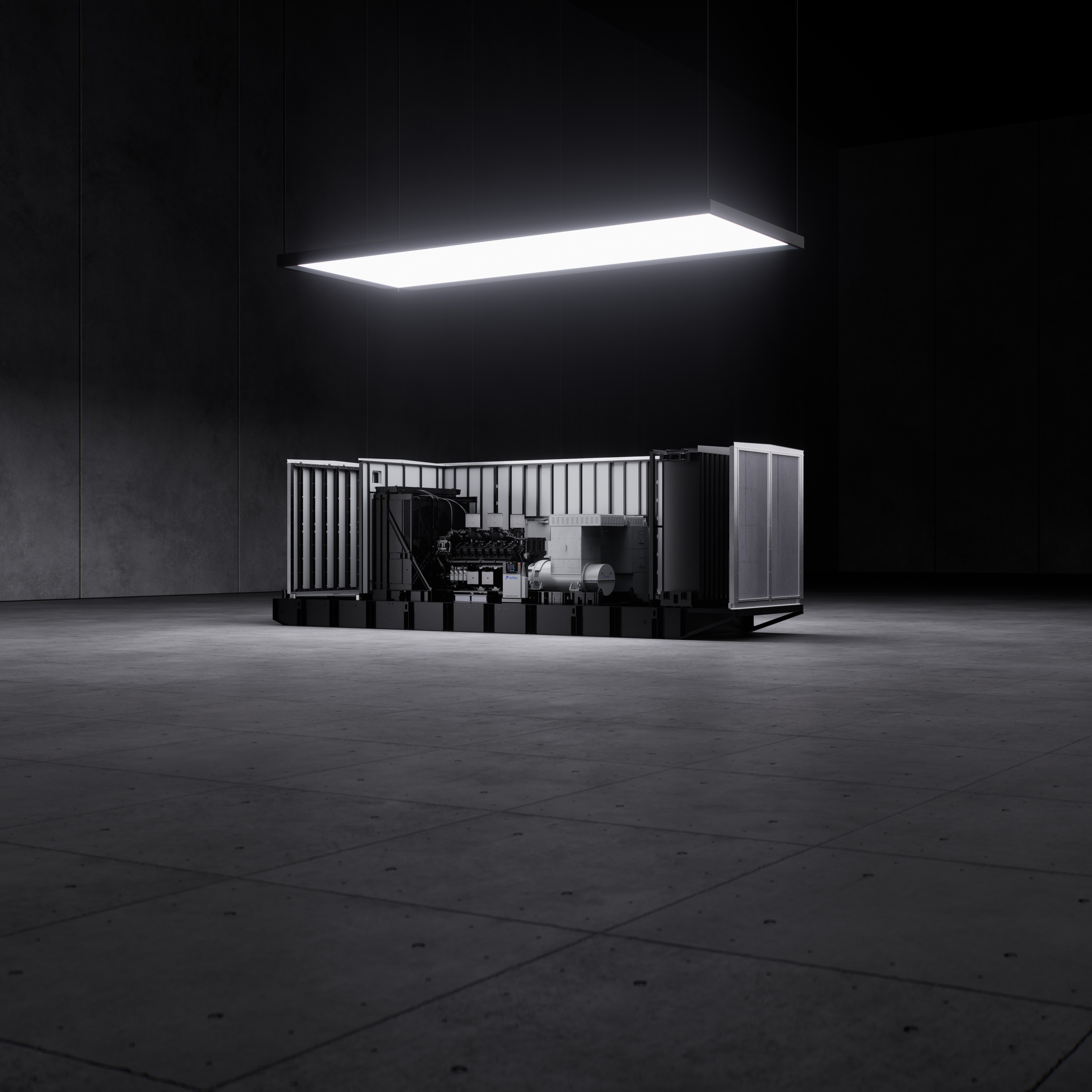 Industrial backup generator in an open enclosure under overhead lighting in a modern power facility.
