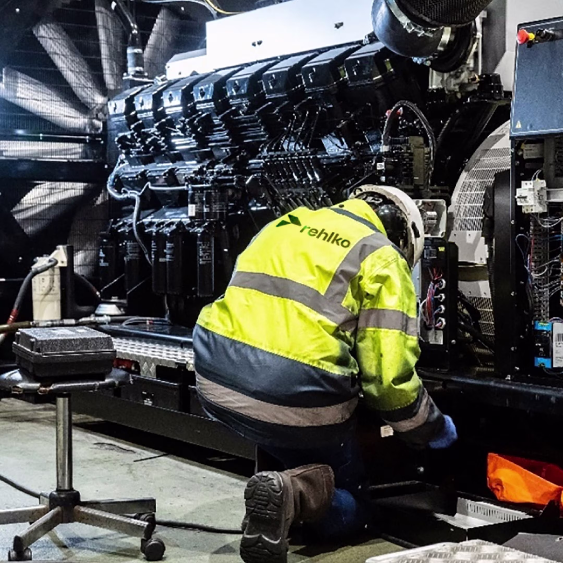 Man in safety jacket on his knees in front of a machine on a factory floor.