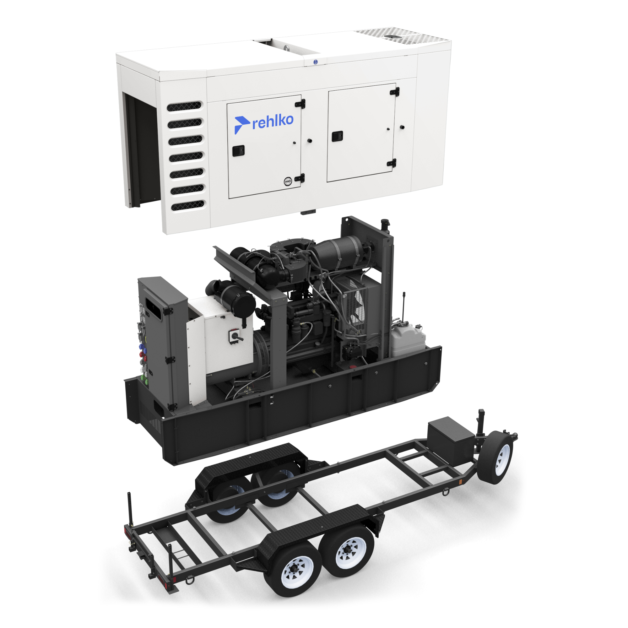 Deconstructed view of a mobile generator showing its parts.