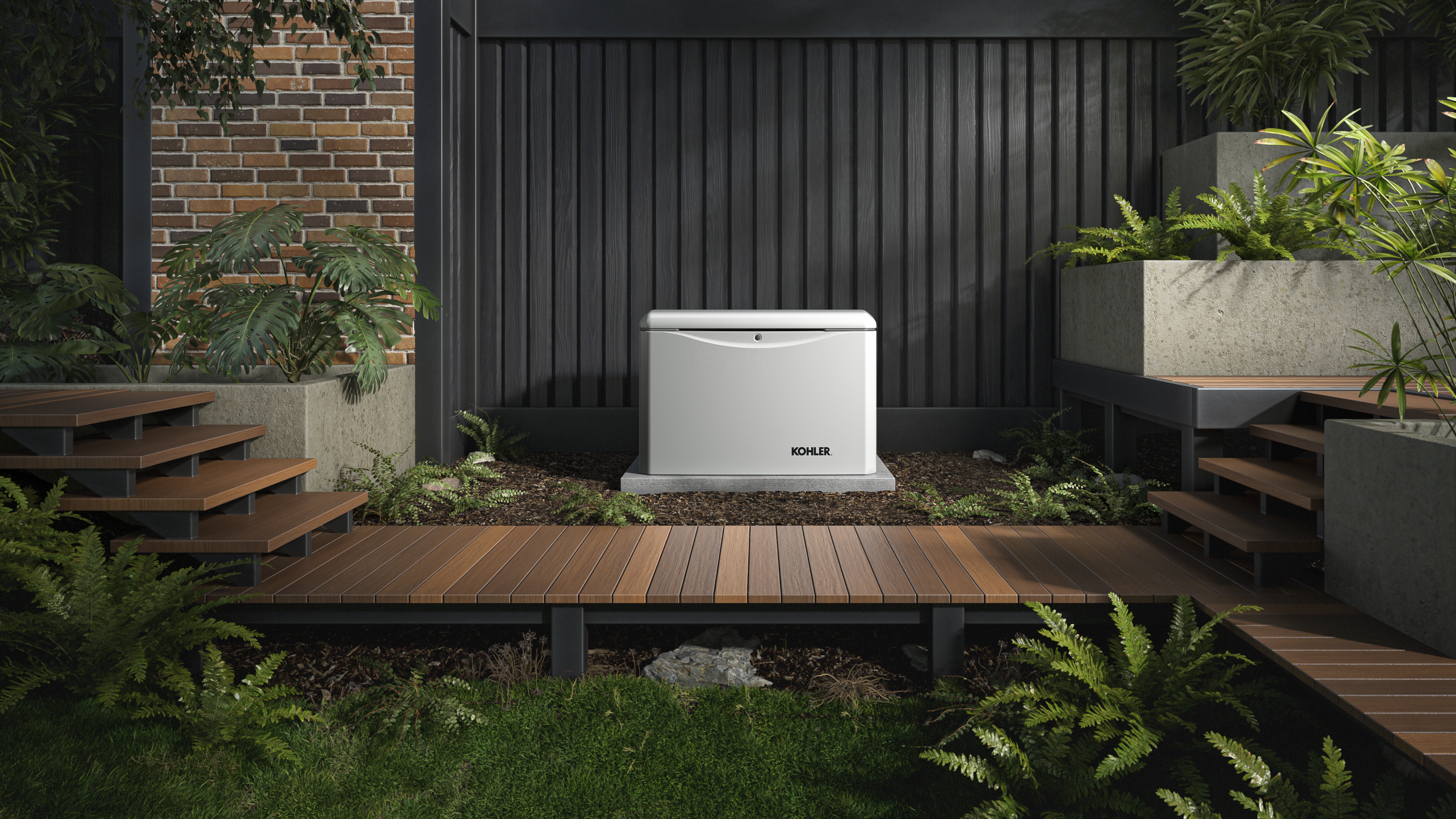 Home generator installed outside a home in a dark lifestyle scene with a wood paneled wall and wooden pathway.