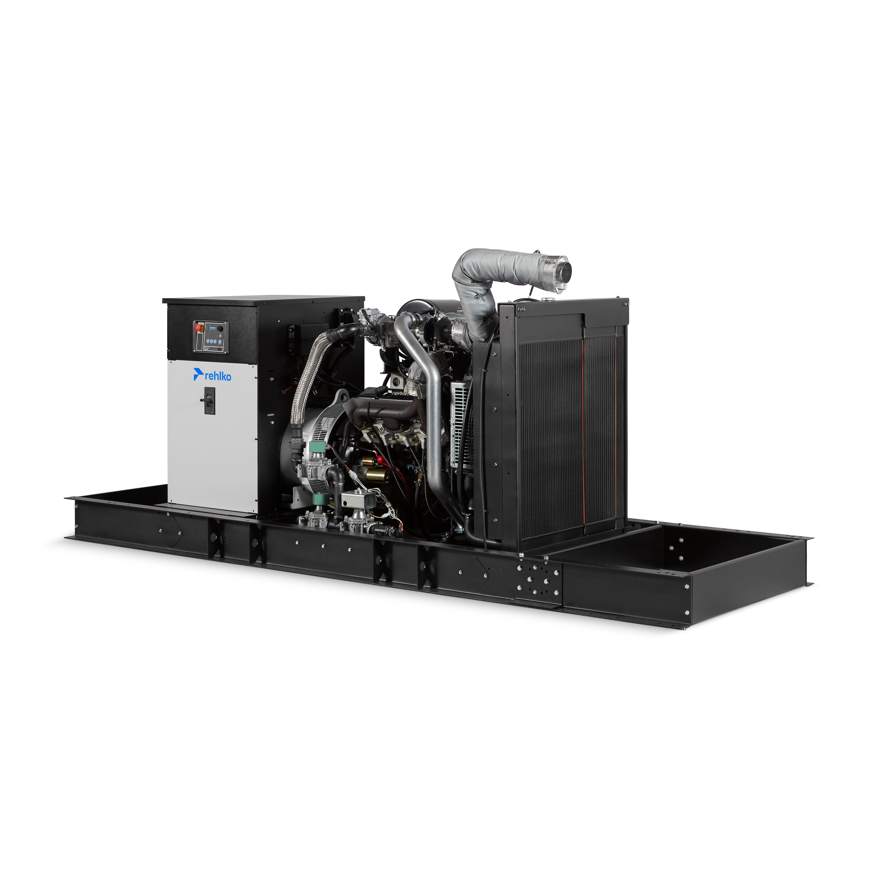 Zoomed-in image of an industrial gas generator with visible control panel and engine components, displayed on a white background.