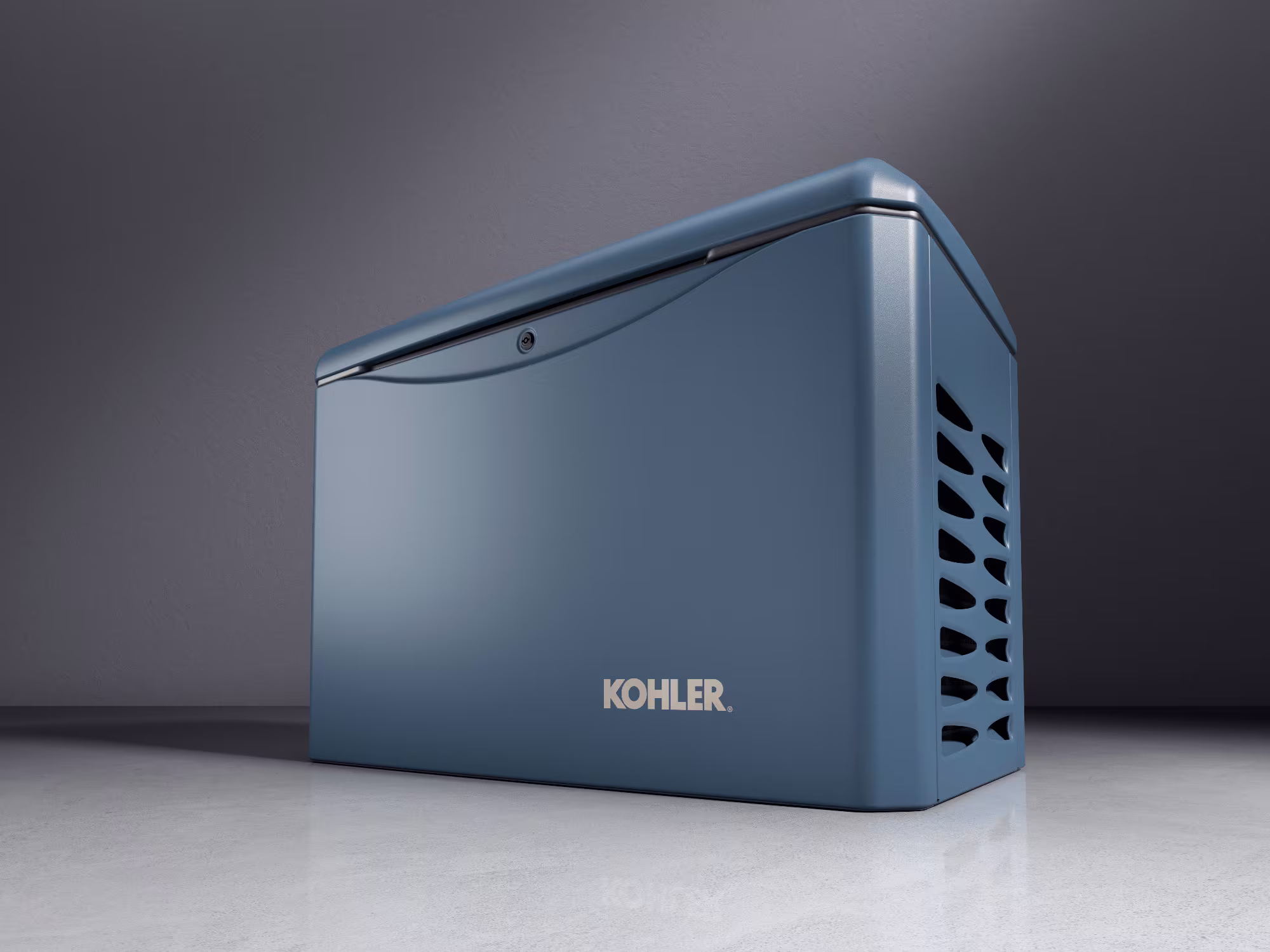 Blue Generator in perspective over a light grey floor with dark grey background