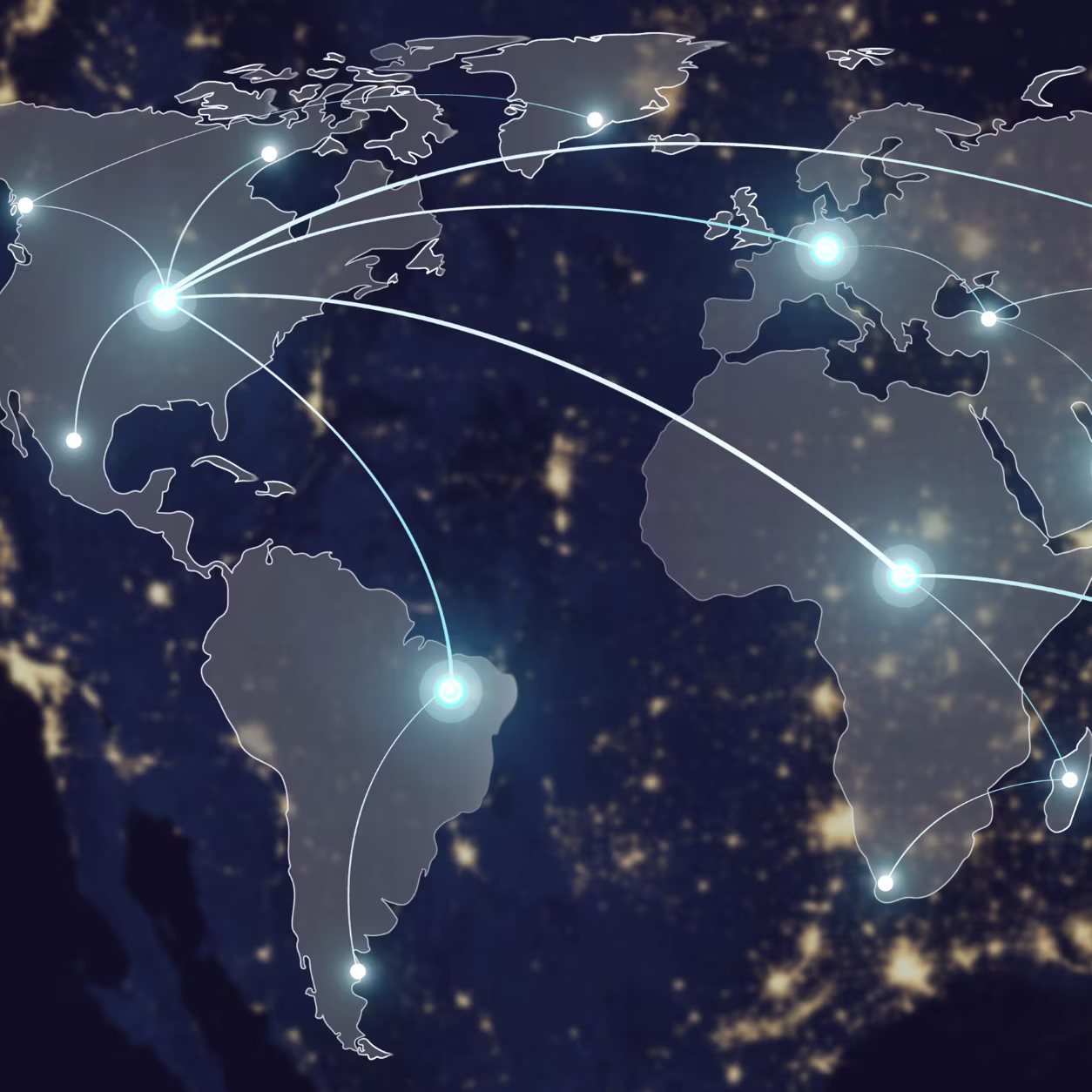 World map in blue with lines and arrows connecting the continents.