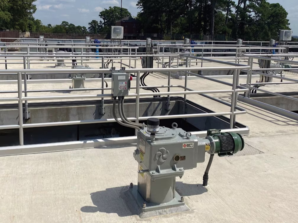 Flocculation basin deck at Ozark Plant with electric mixer motor