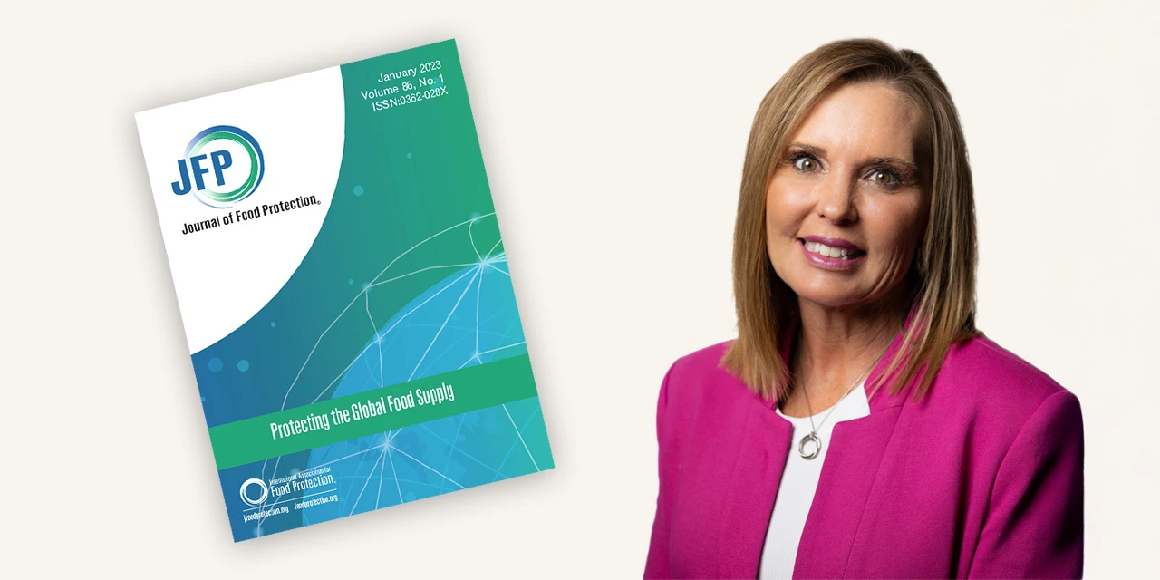 Collage of Lisa Garcia, Executive Director of the International Association for Food Protection, and the society’s flagship journal, the Journal of Food Protection