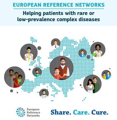 Banner for the European Reference Networks: Helping patients with rare or low-prevalence complex diseases. Contains their slogan: “Share. Care. Cure.”