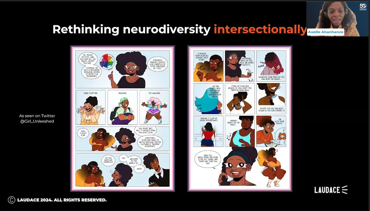 Axelle Ahanhanzo, founder of LAUDACE — talks about the importance of considering intersectionality in neurodiversity, using a cartoon she created.