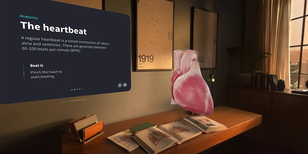 Screenshot of HeartX video. Complete HeartX allows students to learn about and explore the heart by being placed in an immersive mixed-reality environment where they can experience a full ventricular fibrillation scenario.