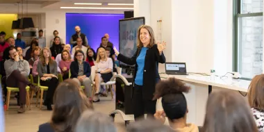 Elsevier CEO Kumsal Bayazit gives a town hall in the New York office。（Photo by Alison Bert）