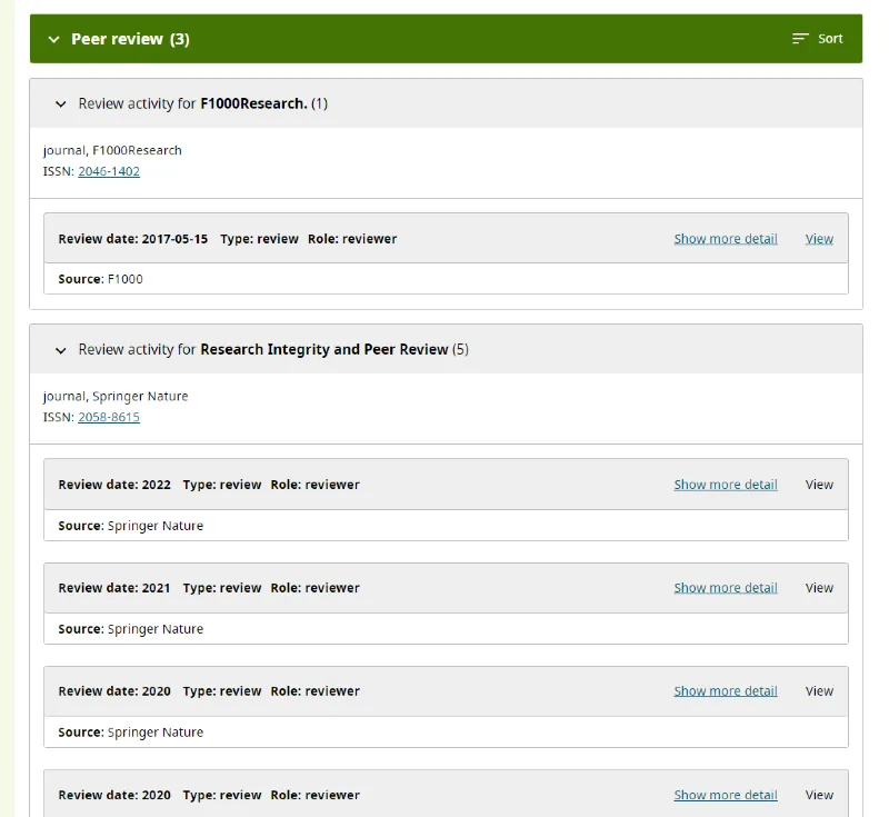 A sample Orcid record showing the peer review section