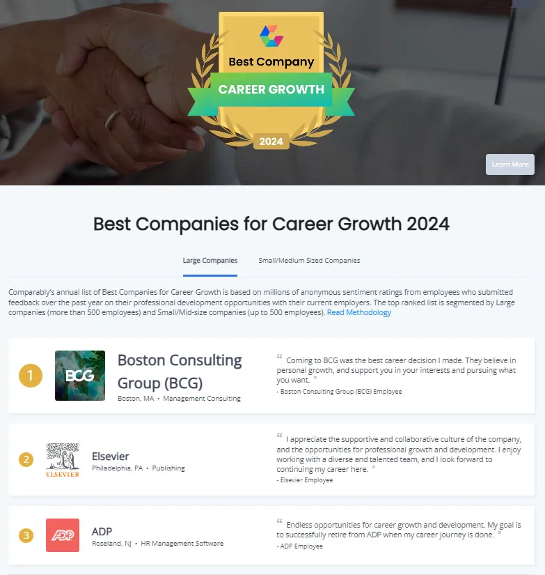 Comparably's Best Companies for Career Growth 2004 are Boston Consulting Group, Elsevier and ADP. 