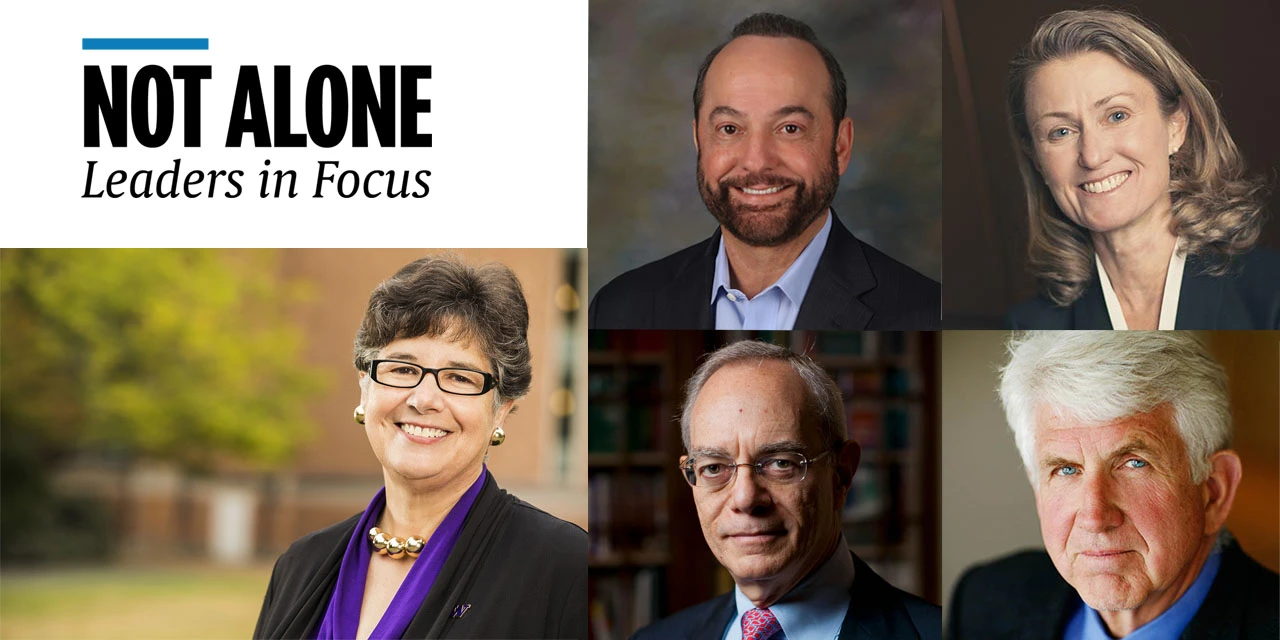 Recent Not Alone contributors include (clockwise from left): Prof Ana Mari Cauce, PhD; Ralph de la Vega; Theresa Mayer, PhD; Bob Metcalfe, PhD; and Prof L Rafael Reif, PhD. 