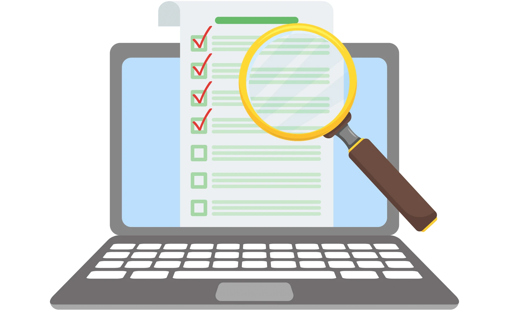 Illustration - Paper check list on laptop under magnifying glass