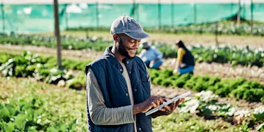 Photo depicting a farmer using a digital tablet while working on organic sustainable farm to cultivate vegetation in agribusiness. (pixdeluxe/E+ via Getty Images) 