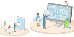 Illustrated cartoon showing people receiving marketing messages