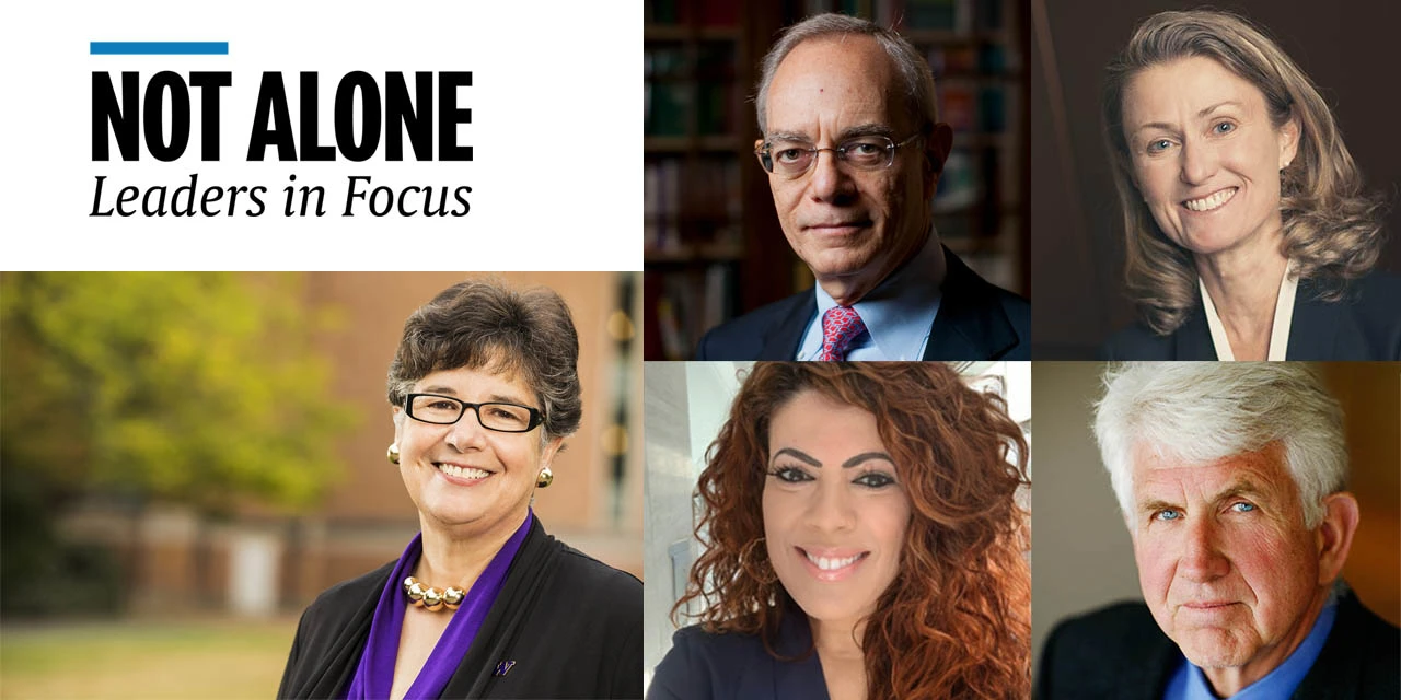 Recent Not Alone contributors include (clockwise from left): Prof Ana Mari Cauce, PhD; Prof L Rafael Reif, PhD; Theresa Mayer, PhD; Bob Metcalfe, PhD; and Prof Christine Ortiz, PhD.
