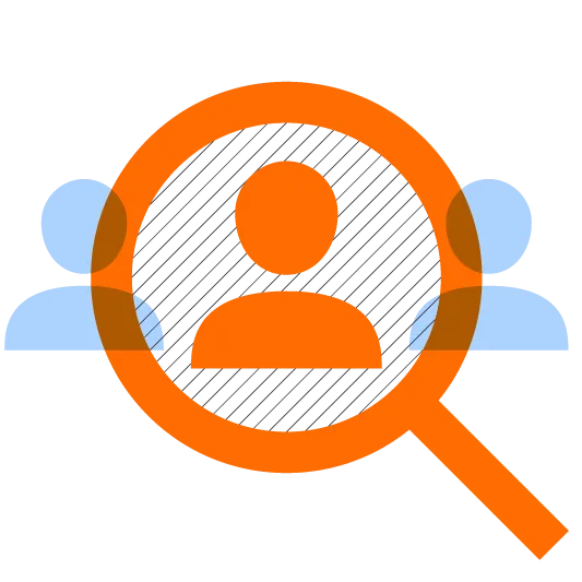 Stand-out pictogram (person in magnifying glass, surrounded by two others)