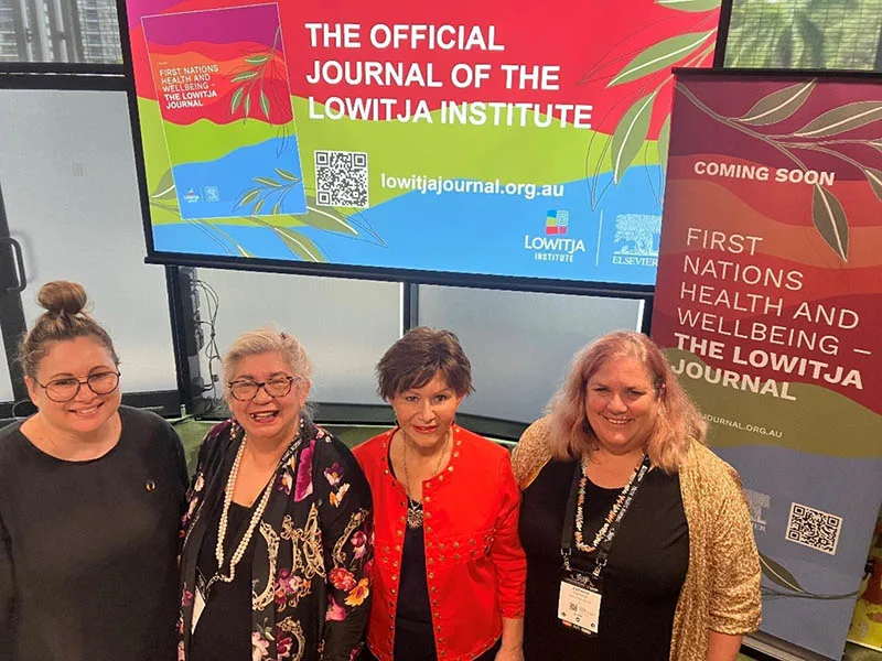 Editors of The Lowitja Journal at the 3rd Lowitja Institute International Indigenous Health and Wellbeing Conference (L-R): Assoc Prof Kalinda Griffiths, Prof Pat Dudgeon, Prof Bronwyn Fredericks (Senior Editors); Prof Cath Chamberlain (Editor-in-Chief)