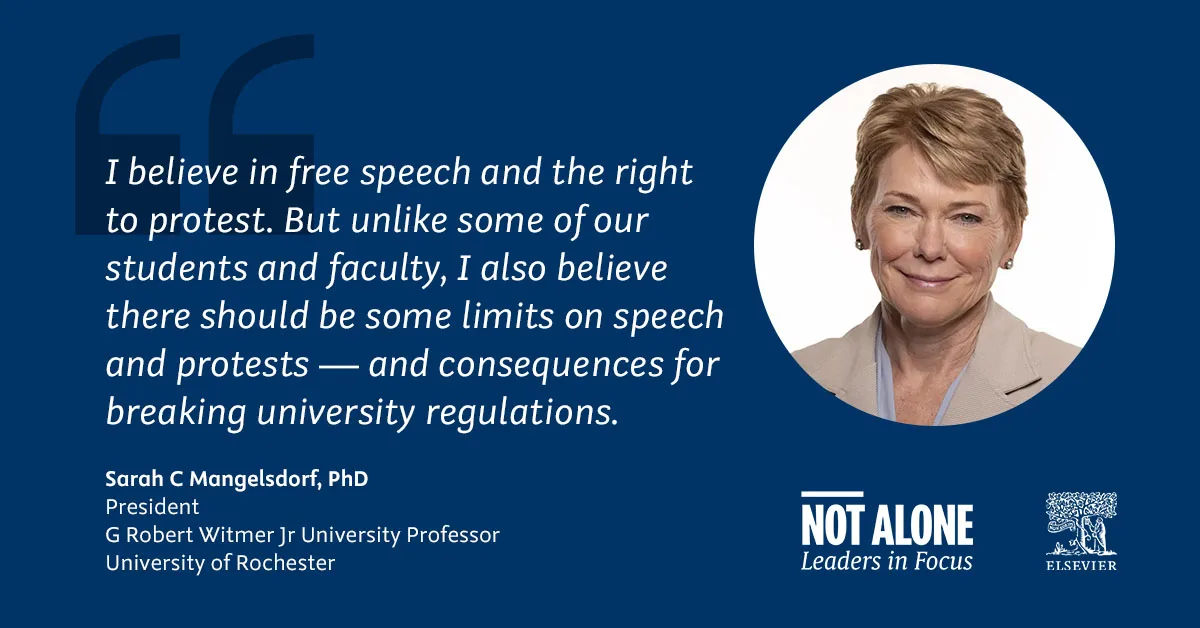 University of Rochester President Sarah C Mangelsdorf writes: "I believe in free speech and the right to protest. But ... I also believe there should be some limits on speech and protests — and consequences for breaking university regulations." 
