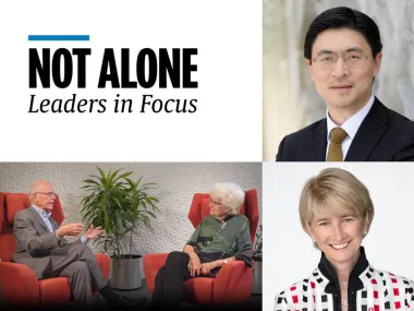 Banner of recent Not Alone contributors: Pictured here (clockwise from upper right): Prof Mung Chiang, PhD;  Kristina M Johnson, PhD; and in video: Prof Rafael L Bras, ScD, and Prof Nancy Hopkins, PhD