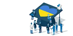 Elsevier editorial illustration showing academics gathered about a graduation cap with a heart bearing the colors of the Ukrainian flag.