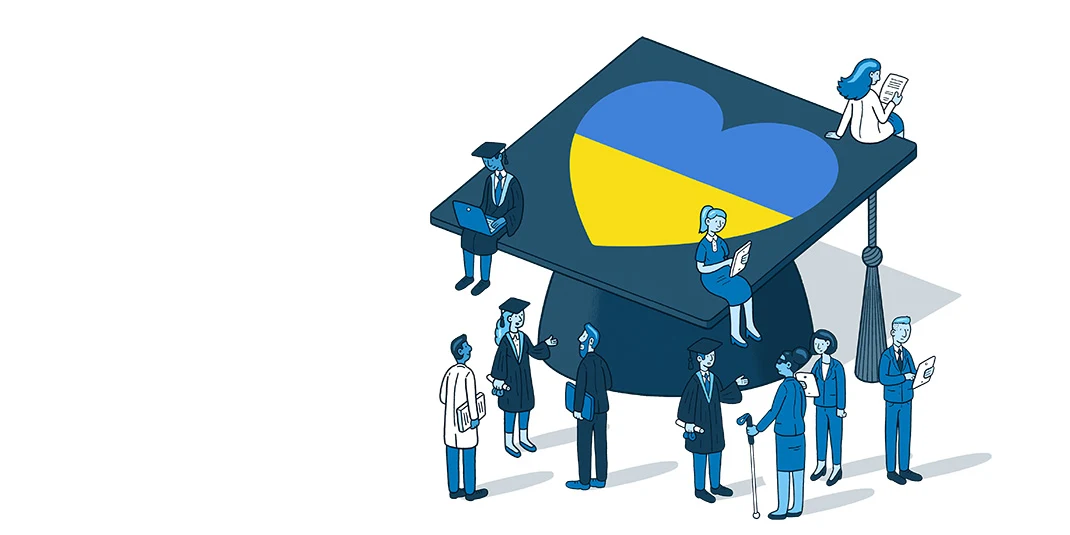 Elsevier editorial illustration showing academics gathered about a graduation cap with a heart bearing the colors of the Ukrainian flag.