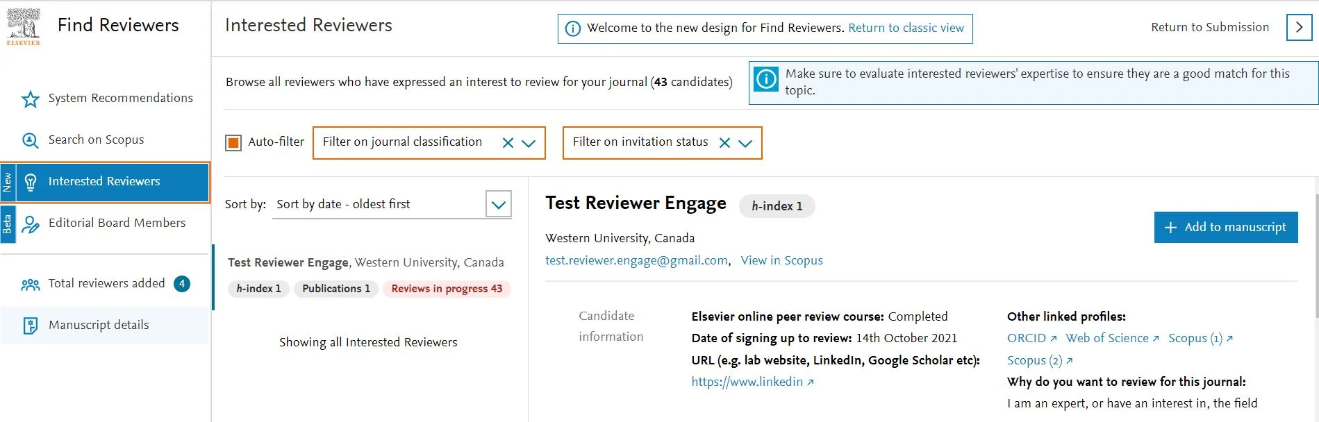 Interested Reviewers screen in Editorial Manager