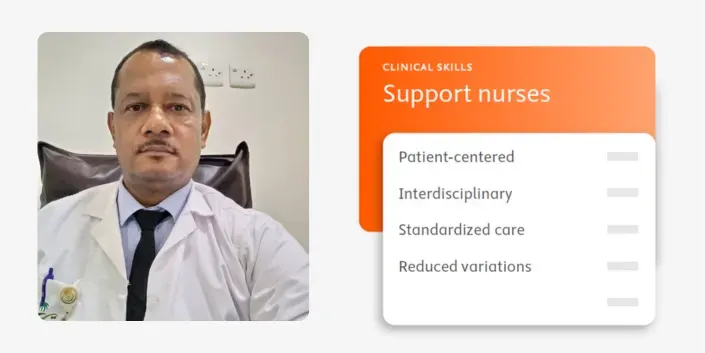 Photo of Dr Robin Maarman with Clinical Skills UI element for supporting nurses