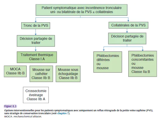 Figure 8.3 Options Interventionnelles pour symptomatiques avec uniquement un reflux rétrograde de la petite velne saphéne (PVS), sans stratégie de conservation troncullaire (voir chapitre 7).