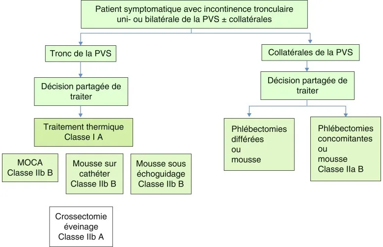 Figure 8.3 Options Interventionnelles pour symptomatiques avec uniquement un reflux rétrograde de la petite velne saphéne (PVS), sans stratégie de conservation troncullaire (voir chapitre 7).