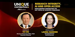 Banner for the RELX podcast Unique Contributions, with photos of Elsevier Chair YS Chi and Laura Hassink, Elsevier’s Managing Director of Journals. 