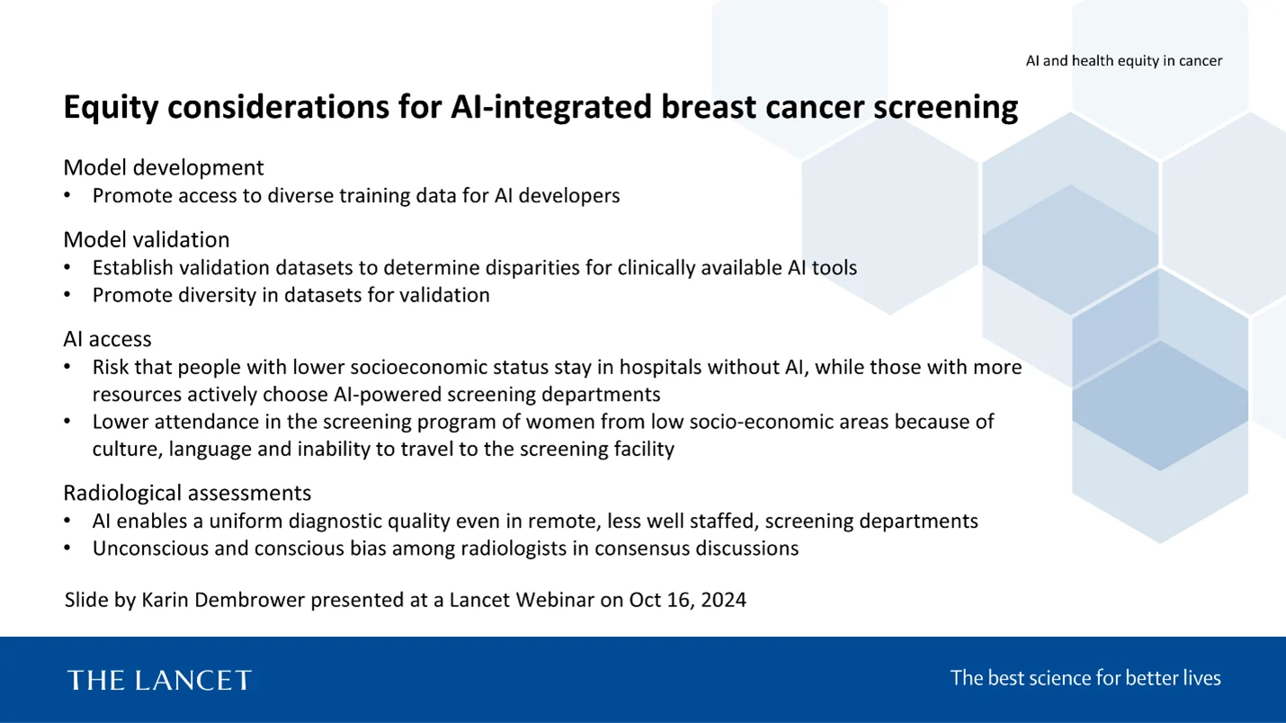 Equity considerations for AI-integrated breast cancer screening. (Slide by Karin Dembrower presented at the Lancet Webinar on Oct 16, 2024)