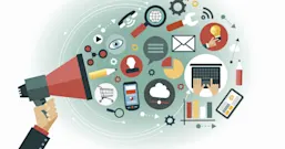 Illustration of human hand with a megaphone surrounded by media icons