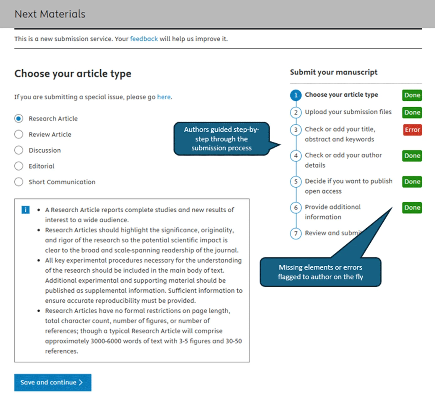 A screenshot of Editorial Manager’s new submission experience