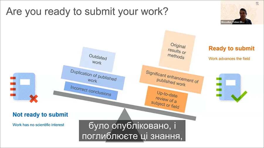 Slide by Senior Publisher Tobias Wesselius that asks, "Are you ready to submit your work?"