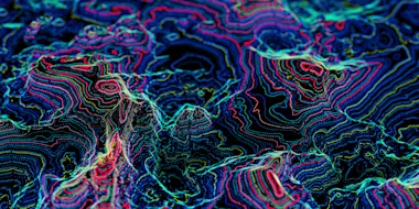 Digital generated image of multi coloured glowing data over landscape.