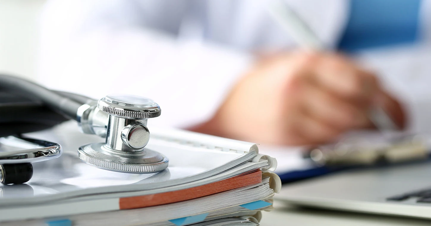 Closeup of stethoscope on desk