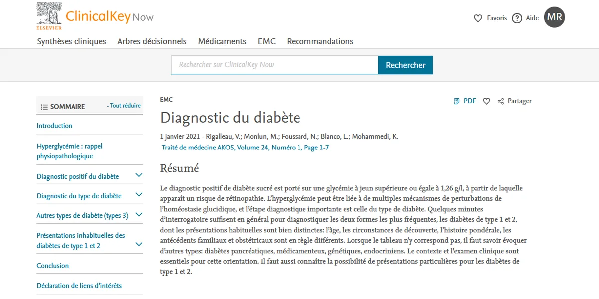 Diagnostic du diabète dans le traité EMC AKOS