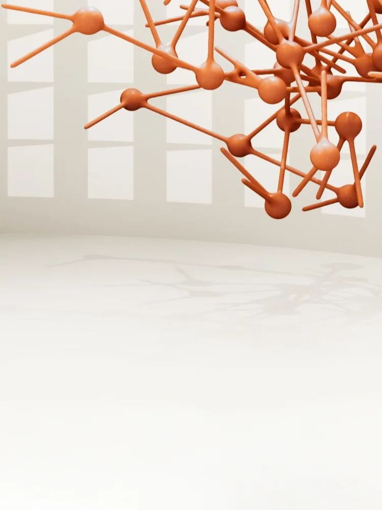 Background image of a complex ball and stick structure representing a molecule