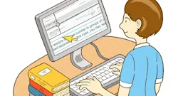 An illustration depicting a female librarian standing at a computer terminal typing on a keyboard and using screen magnification to access Scopus research database. 