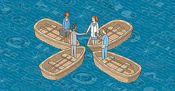 Editorial illustration showing 4 people in boats collaborating together