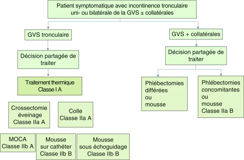 Figure 8.2 Options Interventionnelles pour les patients symptomatiques avec uniquement un reflux retrograde de la grande veine saphene (GVS)