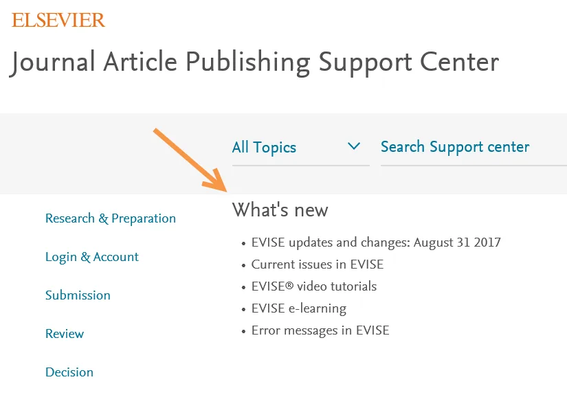Screen shot of the journal article publishing support center, with the ‘what’s new’ section at the top