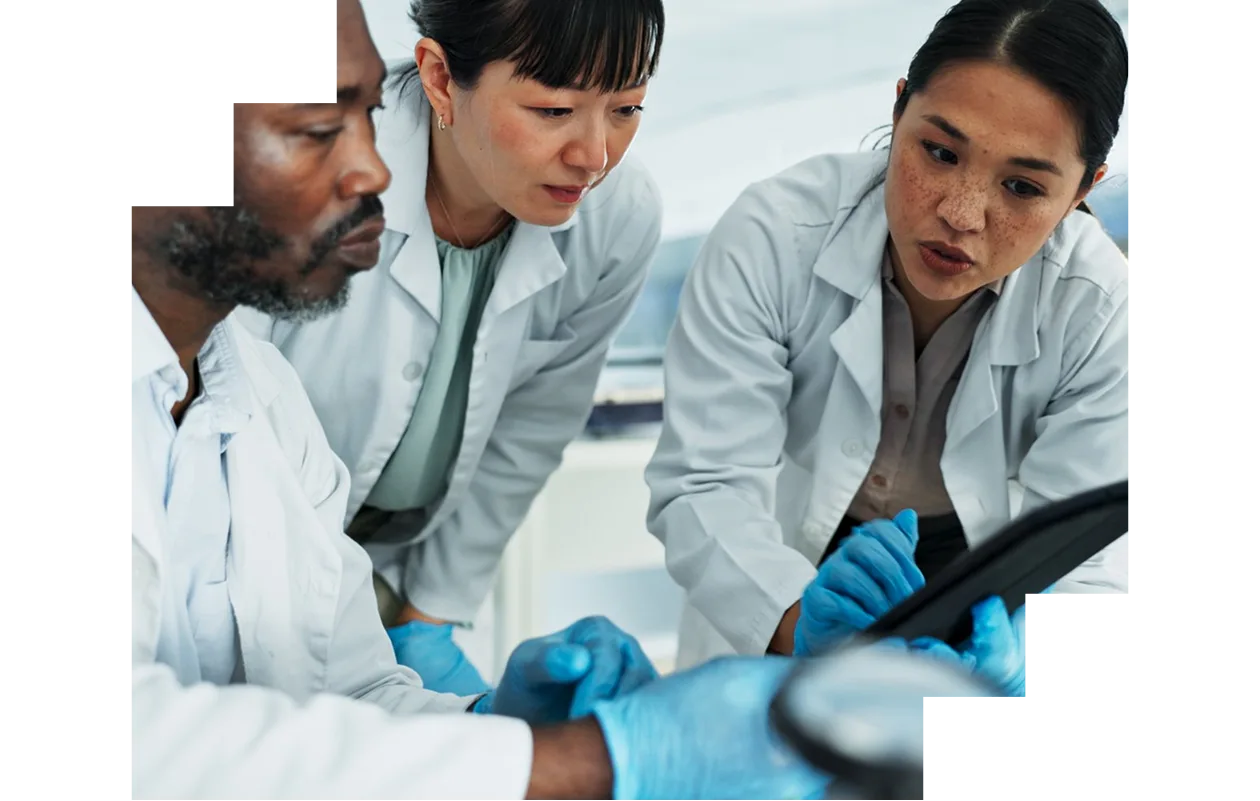 Scientists brainstorming on a research project in a lab