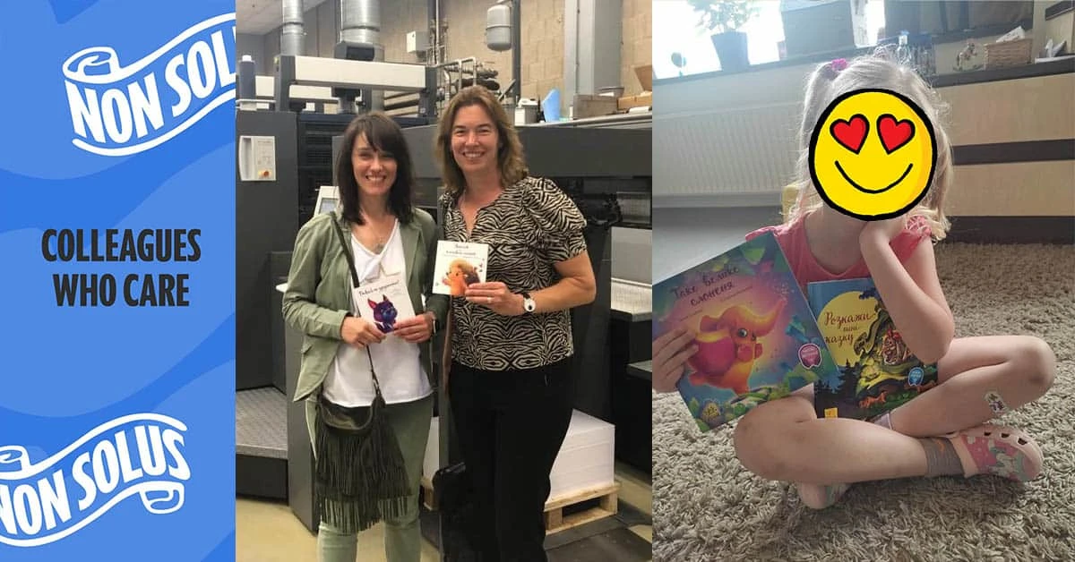 Elsevier's Agnieszka Freda and Susanne Janse pick up samples at StyleMathôt, a printer in Haarlem, the Netherlands, that has printed children’s books from Ranok Publishing House in Kharkiv, Ukraine.