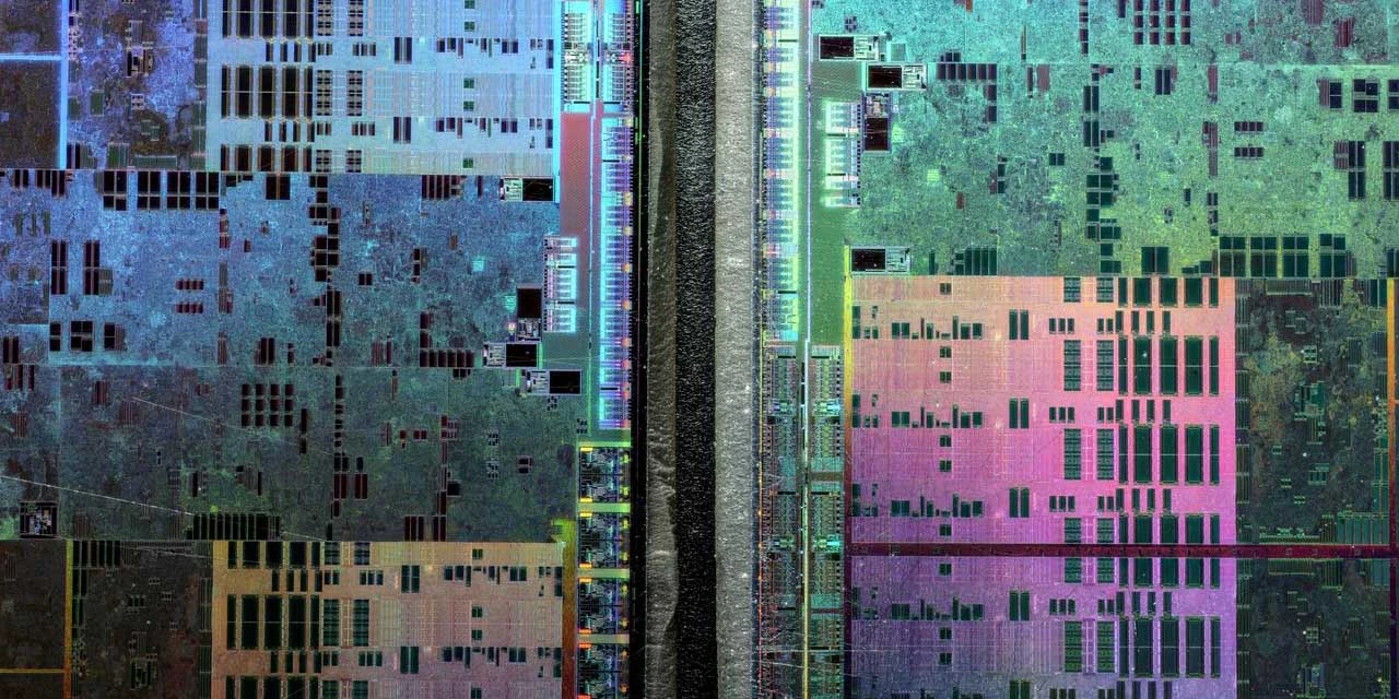 Abstract microscopic photography of a Graphics Processing Unit (GPU) resembling a satellite image of a big city (Fritzchens Fritz / Better Images of AI / GPU shot etched 5 / CC-BY 4.0)