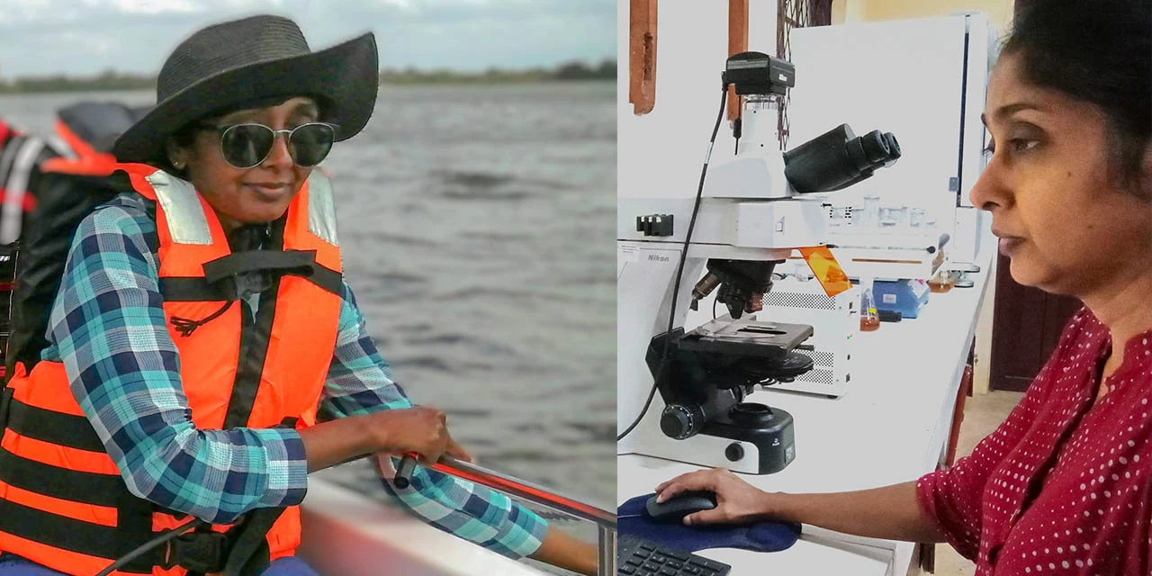 Photo collage shows two images of Dr Shirani Widana Gamage, Senior Lecturer, Botany, at the University of Ruhuna, Sri Lanka: one doing field work on a boat and the other working in her lab.