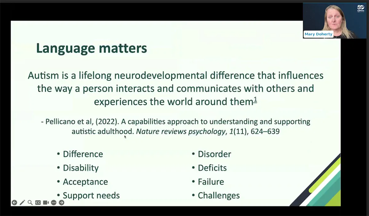 In her webinar presentation, Mary Doherty talks about the importance of language in referring to neurodivergent people. 